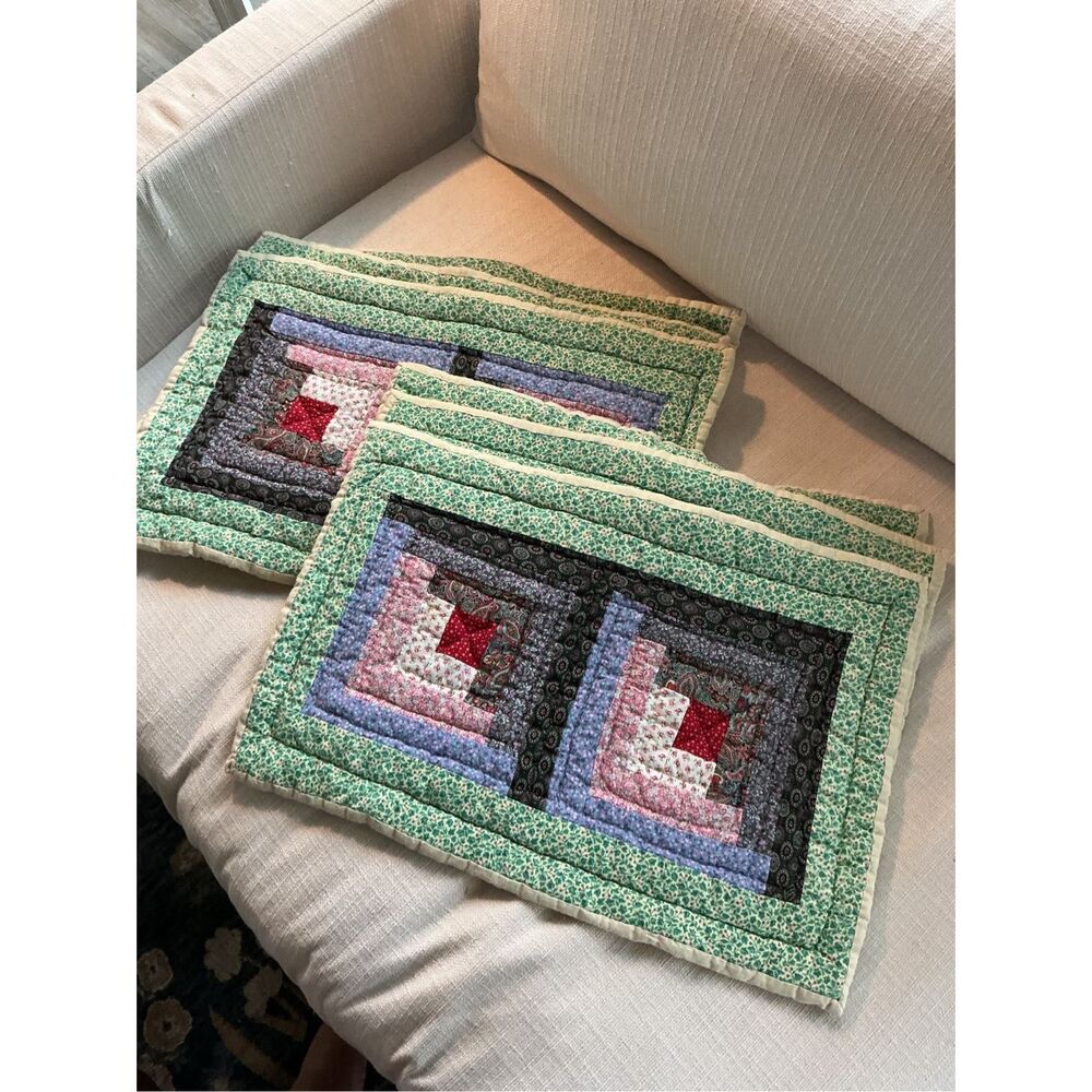 Set of 6 Hand Stitched Quilted Log Cabin Placemats 18.5”x12”
